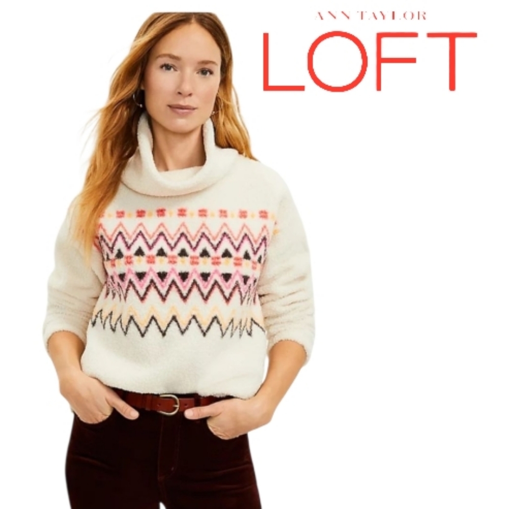 LOFT Multicolor Fair Isle on Cream Mockneck Fleece Pullover Top Long Sleeves MED